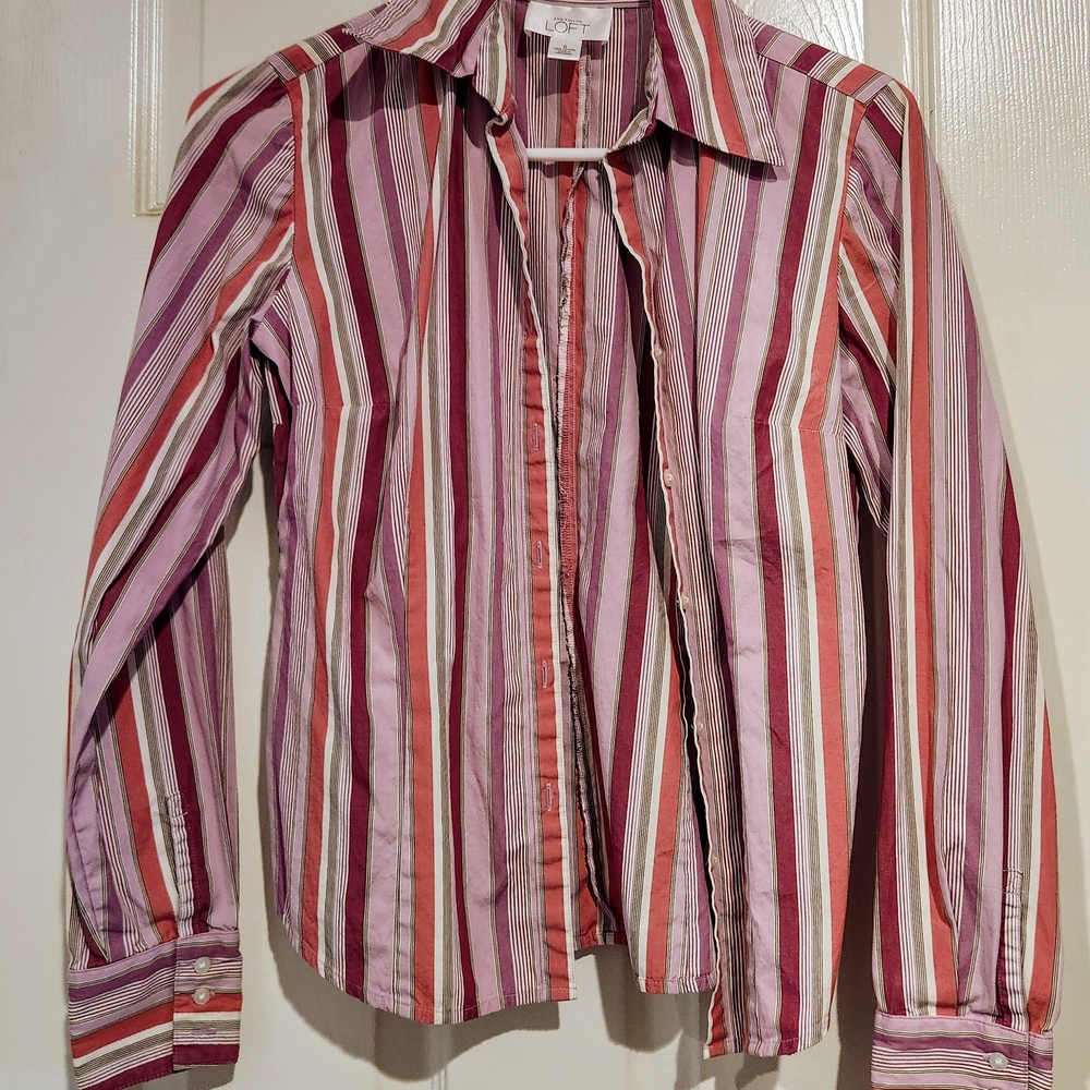 Ann Taylor LOFT Pink and Purple Striped Button Down Shirt